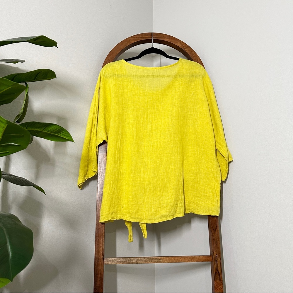 Made in Italy LARGE Yellow 100% Linen Tie Waist Blouse - Picture 3 of 7